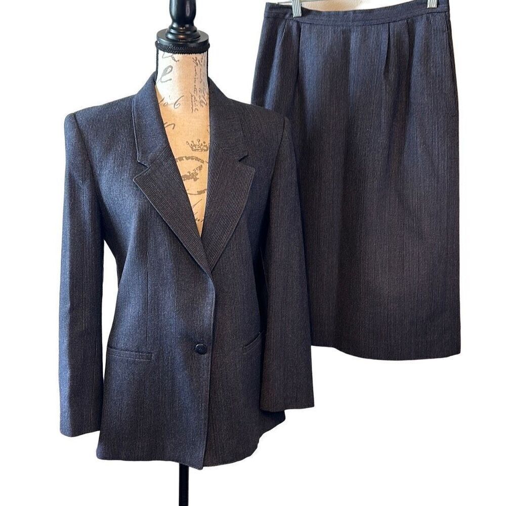 East Bank Ltd Classic Plaid Blue Grey Womens Skirt Jacket Suit 10